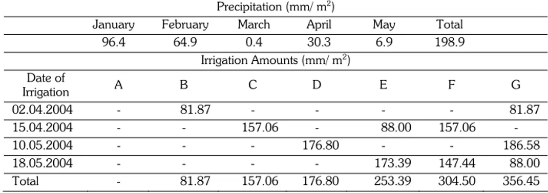 Table 2. Amount of precipitation and irrigation water, and date of irrigation (mm/ m 2 ) in 2004 