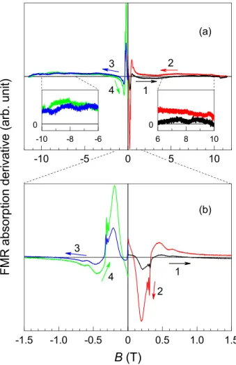 FIG. 3. High-field bidirectional FMR. (a) FMR in the range –12 B  12 T. Insets show the details of FMR at high fields related to the rotation of the shell spins