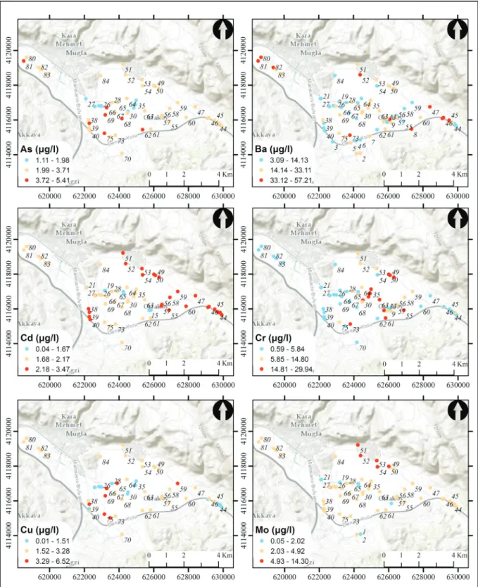 Figure 3 a- Spatial display of analysis and in-situ measurement results; The values of  75 As  137 Ba,  111 Cd,  52 Cr,  65 Cu and  95 Mo.