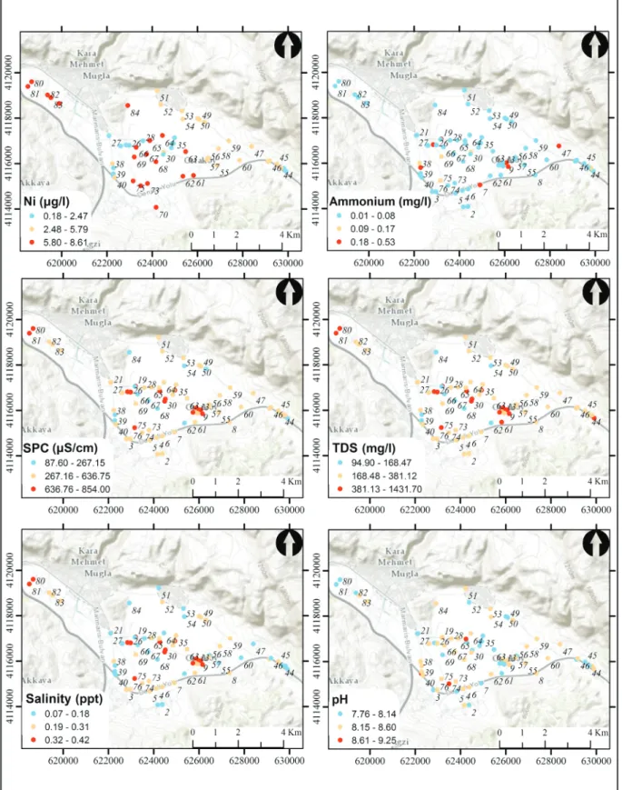 Figure 3 b- Spatial display of analysis and in-situ measurement results; The values of  60 Ni and water quality parameters; ammonium, SPC, 