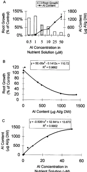 Figure  5.  Root  growth  and  AI  accumulation  in  the  meristematic  region  (O  to  2  mm) of AI-sensitive  cv Tam  105