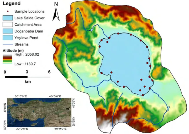 Fig. 1 Studied domain: location of study area, topographic relief map, observation points and streamsLegend 