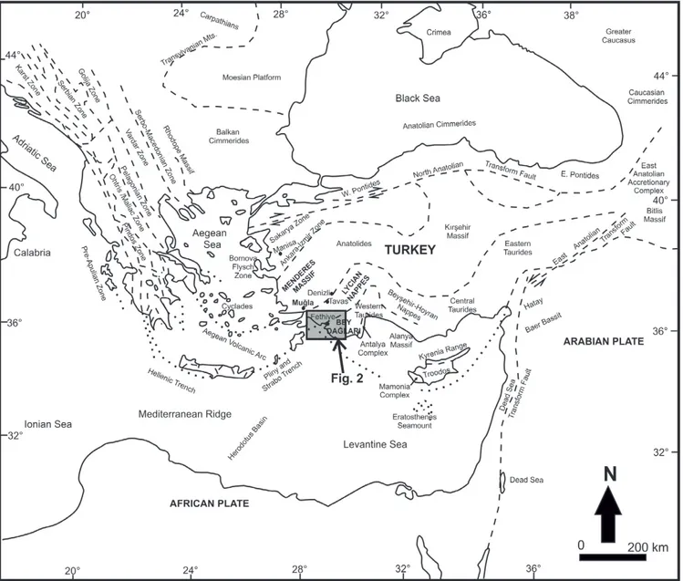 Figure 1.  A location map of the study area, and main tectonic units and structural lines of the Eastern Mediterranean (modified from ROBERTSON &amp; DIXON, 1996)