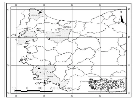 Fig.  1.  Distribution  of  the  new  records  of  Dolichopodidae  in  Marmara  and  Eagen  Regions  [Hercosto- [Hercosto-mus  libanicola  (ê),  Neurigona  erichsoni  (▲),  Chrysoti[Hercosto-mus  molliculus  (■),Teuchophorus  bisetus  (●),Teuchophorus cris
