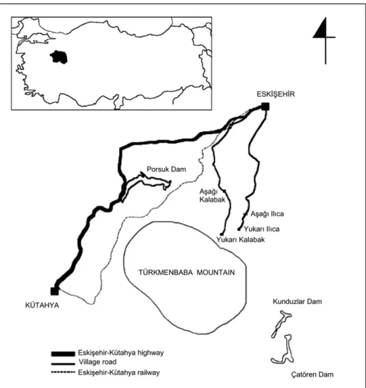 Fig. 1. Map of study area.i PorsukDam ) //-/_/----I KÜTAHYA / ) TÜRKMENBABA  MOUNTAI N -Eskişehir-Kütahya highway _ Village  road - - - ~  Eskişehir-Kütahya railway  t ESKiŞEHiR Kunduzlar Dam Çatören  Dam 