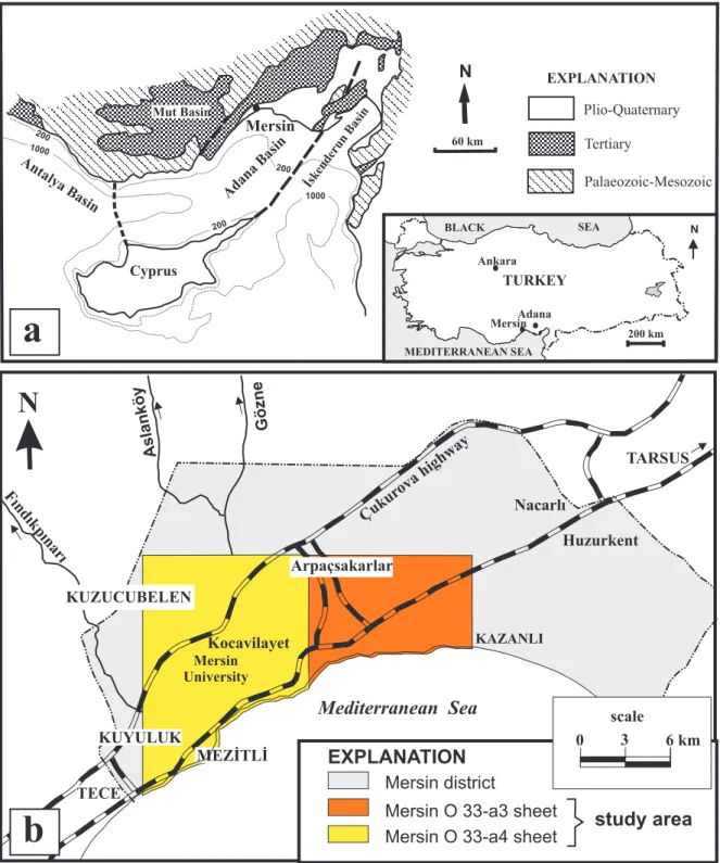 Figure 1.  Location maps showing (a) the Adana Basin and (b) the study area.