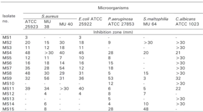 Table 2. Antimicrobial activity of Streptomyces isolates.