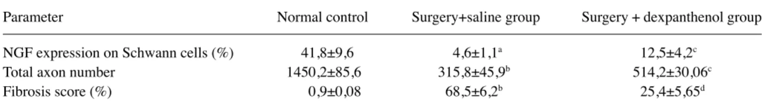 Table II. Comparison of NGF expression in Schwann cells, total axon number and fibrosis score between groups.