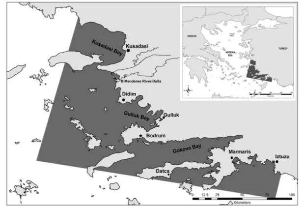 Fig. 1 Research area: The research area is located in the Aegean Sea, shown in dark grey on the map