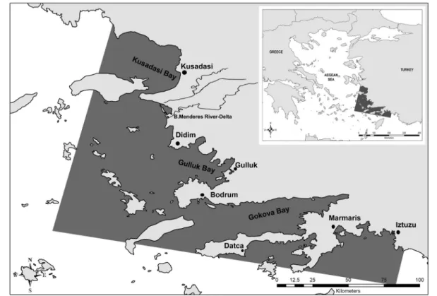 Fig. 1 Research area: The research area is located in the Aegean Sea, shown in dark grey on the map