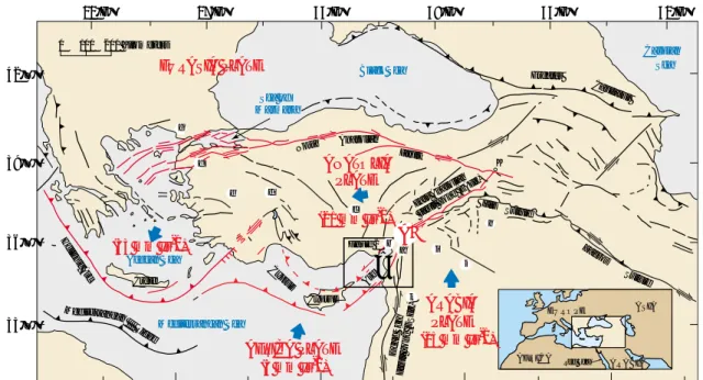 Figure 1. Tectonic map of the eastern Mediterranean region illustrating major tectonic elements, relative fault displacements, and relative  plate motions