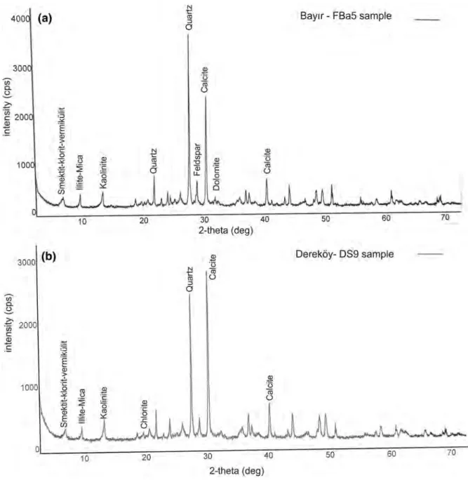Fig. 5 a XRD pattern of the FBa5 sample from Bayır District. b XRD pattern of the DS9 sample from Dereko¨y District