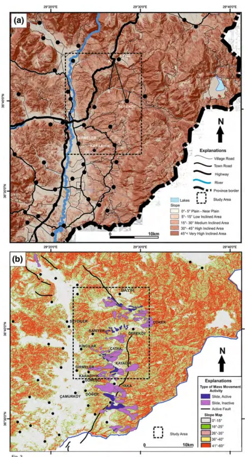 Fig. 3 a Slope map of the study area. (A, B, C, D show the cross section lines). b Active and passive slide map of the study area