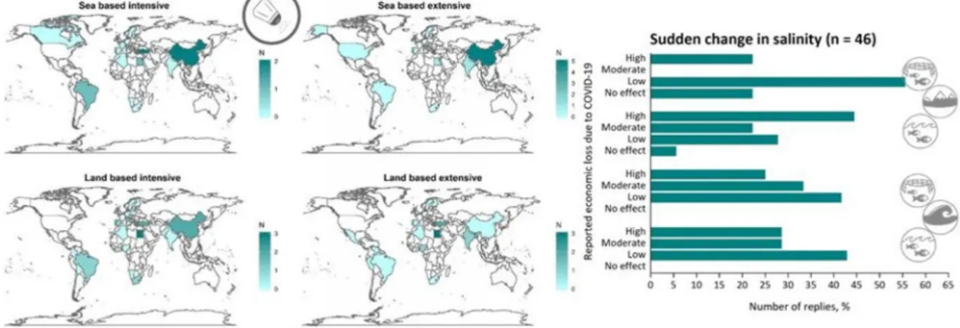 Figure 5. Anthropogenic stressors (number of occurrence, N) reported as by respondents, respectively per each of the four explored aquaculture systems (land-based intensive L-INT, land-based extensive L-EXT, based intensive S-INT,  sea-based extensive S-EX