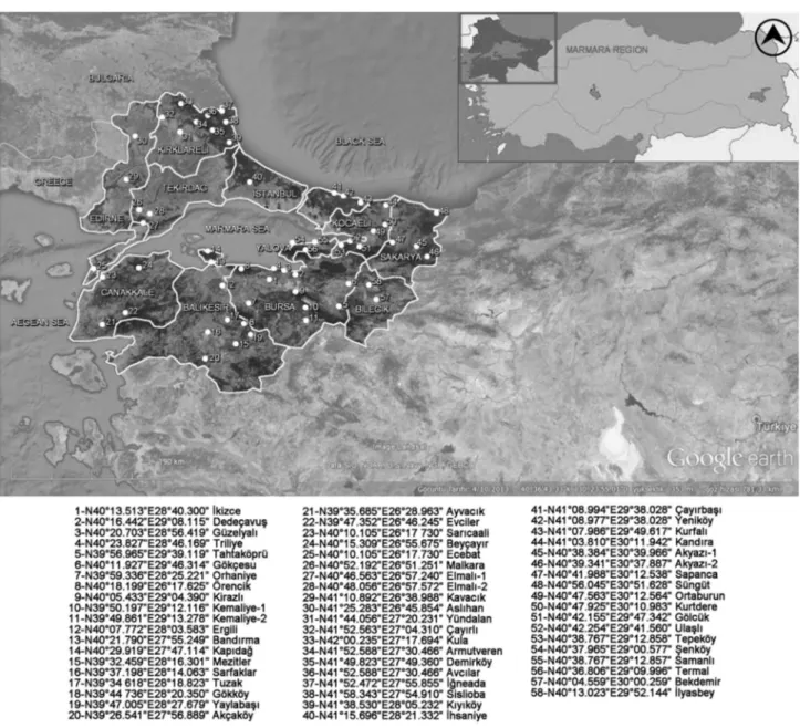 Fig. 1    The locations and global positioning system (GPS) coordinates in the Marmara region of Turkey where the propolis samples were col- col-lected 1-N40°13 