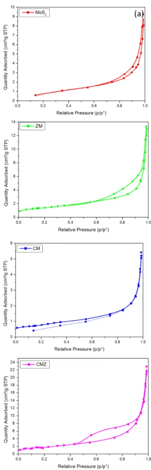 Figure  9  presents the adsorption isotherm of all the photo- photo-catalysts. Almost all samples showed Type III isotherm and  H3 hysteresis