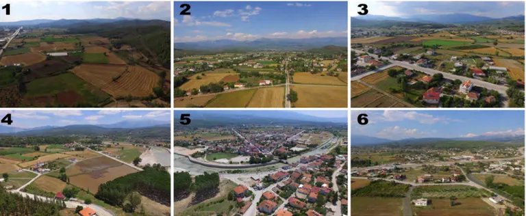 Figure 5. View of unsuitable lands for settlement obtained by UAV (1. Ugurlu and Zorlar neighborhoods; 2