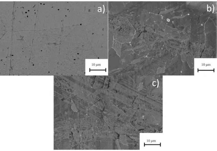 Figure 3. Scanning electron microscopy images of the samples (a) x = 0, (b) x = 0.44, and (c) x = 2.24 at%.