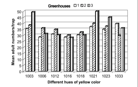 Figure 1.  The average number of leafminer adults counted on sticky traps with different hues of  yellow in three cucumber greenhouses