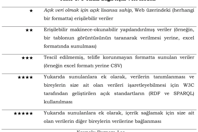 Tablo 1. 5 Yıldız Bağlı Açık Veri Modeli 