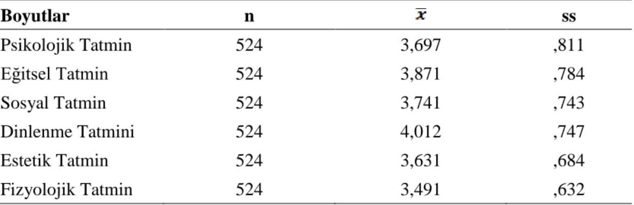 Tablo 1. Boş zaman tatmini ölçeğinin alt boyutlarına ilişkin puanlarının ortalama  ve standart sapma değerleri