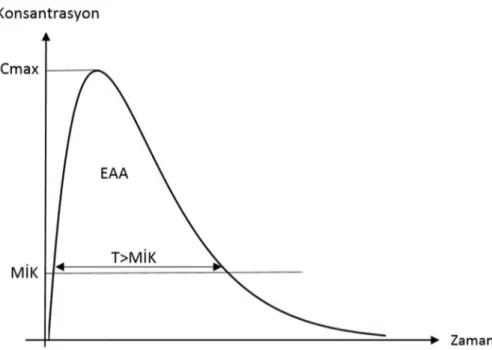 Şekil 1. Serum ilaç konsantrasyonunun zamana göre değişimi. EAA: Eğri altında kalan alan,  Cmax: Serum tepe konsantrasyonu, MİK: Minimum inhibatör konsantrasyon, T: Zaman 