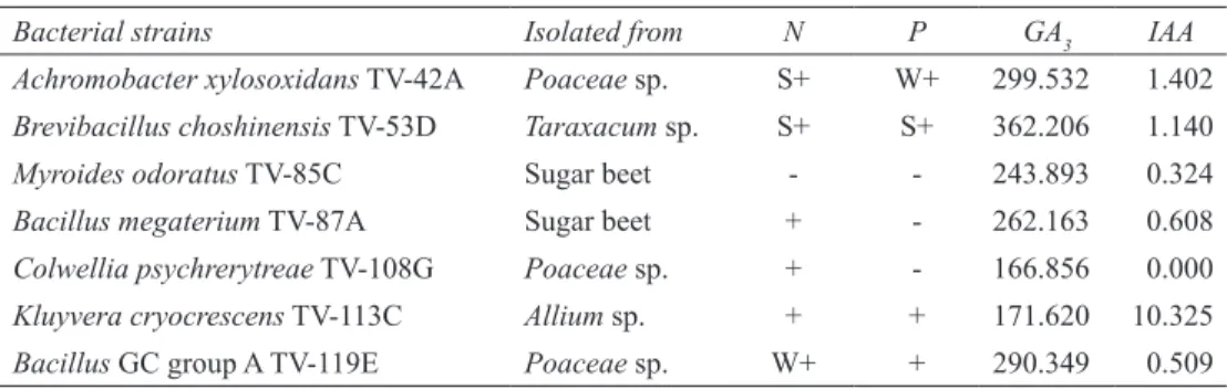 Table 1- Bacterial strains, their host, nitrogen fixation (N) and phosphate-solubilising activity (P) properties  and hormones (IAA, GA 3 ) production (µg mL -1 ) (Ekinci et al 2014; Turan et al 2014)