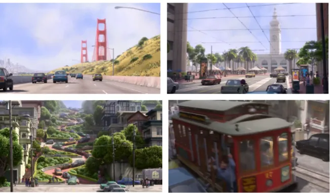 Foto 5. San Francisco’ya girişte gösterilen San Francisco’ya ait imajlar: Golden Gate, Saat Kulesi, Tramvay yolu, 