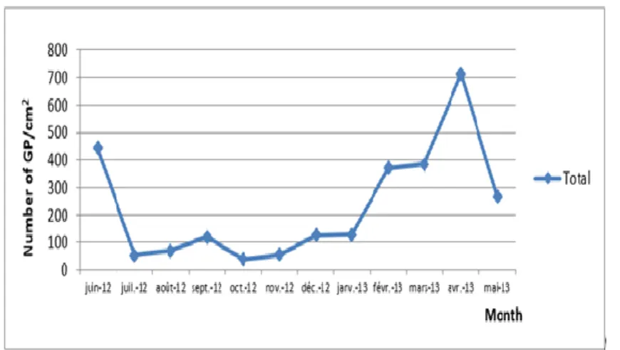 FIGURE  2.  Monthly  variation  of  the  number  of  pollens  collected  during  the          pollen  season in El-Hadjar city (June 2012-May 2013)