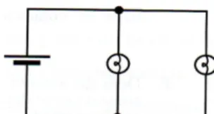 Şekil 3: Bir pil ve paralel bağlı iki ampulden oluşan elektrik devresi  Kurdukları  elektrik  akımı  modelinin  bu  devrelerin  davranışını  açıklamada nasıl kullanılabileceğini iyice pekiştirmek için bu durumların her  birinde  elektrik  akımına  dair  va