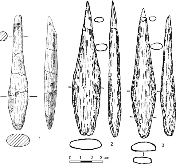 Figure 3: Mladeč points from Mitoc-Malu Galben (Aurignacian assemblage I). (1)  and from Corpaci-Mâs (2-3) (after Noiret 2004; Borziac &amp; Chetraru 1996)