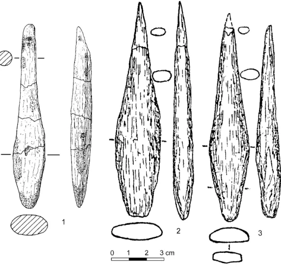 Figure 3: Mladeč points from Mitoc-Malu Galben (Aurignacian assemblage I). (1)  and from Corpaci-Mâs (2-3) (after Noiret 2004; Borziac &amp; Chetraru 1996)
