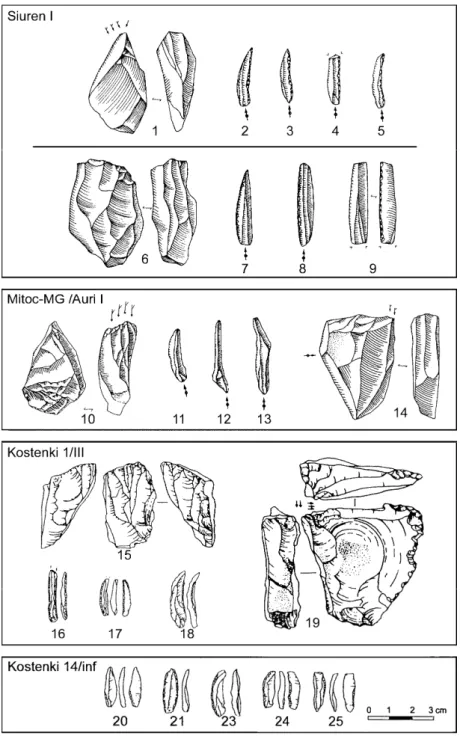 Figure 4: Aurignacian of the “Krems–Dufour” type. Siuren I/F (1-5),  Siuren I/G-H (6-9), Mitoc–Malu Galben /Auri I (10-14), Kostenki 1/III  (15-19), Kostenki 14/inf (20-25) (after Otte et al