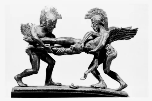 Figure 2: Hypnos and Thanatos, both bearded and wearing armor, lift the  lifeless body of Sarpedon from the battlefield or laid down in his homeland  (LIMC 1981, VII/2, Pl
