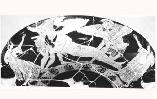Figure 5: Hypnos and Thanatos are laying down the body of Sarpedon. The  other figures can be defined as goddesses Iris (on the left) and Sarpedon’s  mother or wife (on the right) (LIMC 1981, VII/2 Pl