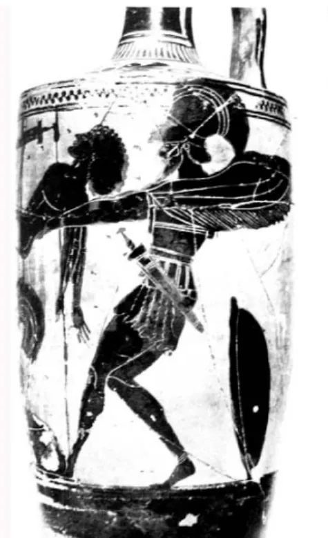 Figure 9: Sarpedon is lifted by Hypnos and Thatanos from the  battlefield after his death (Boardman 1995b, Fig