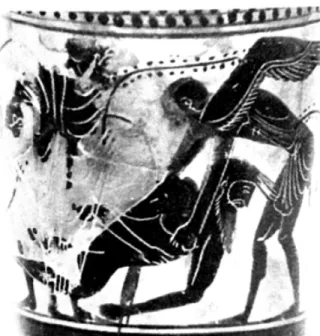 Figure 10 b: Sarpedon is lifted by Hypnos and Thanatos. The god  Hermes in front of the warrior stand (LIMC 1981, VII/2, Pl