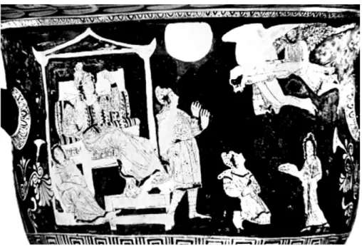 Figure 12: Sarpedon’s body is carried by Hypnos and Thanatos . Mortal  Europa, mother of Sarpedon, enthroned in a stageaedicula, by her side on  the lower level a woman (perhaps the wife of Sarpedon) sits (LIMC 1981,  VII/2, Pl