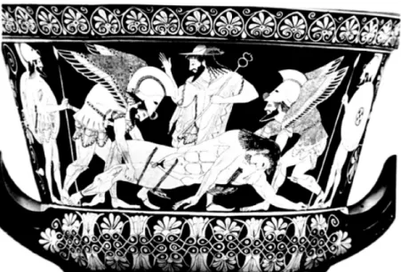Figure 14 a: Hypnos and Thanatos lift the body of Sarpedon supervised end  directed by Hermes, whose names are incised on (LIMC 1981, VII/2, Pl