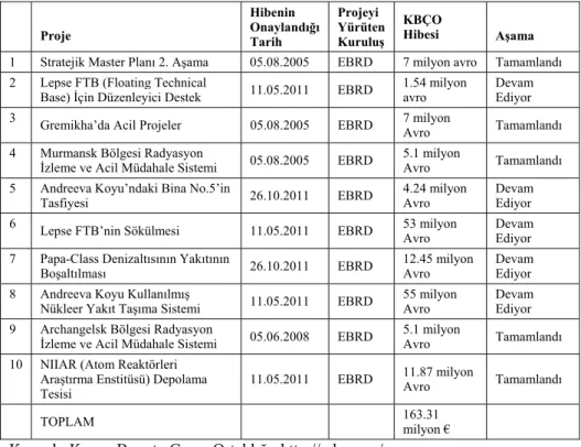 Tablo 2: Nükleer Pencere Kapsamındaki Projeler 