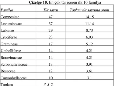 Çizelge 11. En çok tür içeren ille 10 familya açısından çalışma alanı ile yakın alanlarda yapılmış olan çalışmaların 