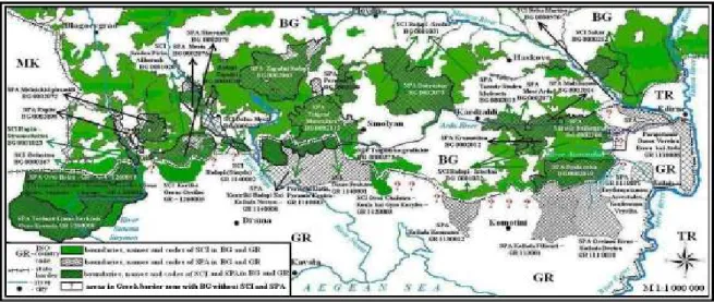 Figure 2. Distribution of NATURA 2000 protected sites on the border between Bulgaria and Greece