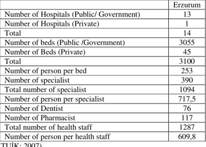 Table 10. Basic indicators of health services and health staff   Erzurum  Number of Hospitals (Public/ Government)  13  Number of Hospitals (Private)  1 