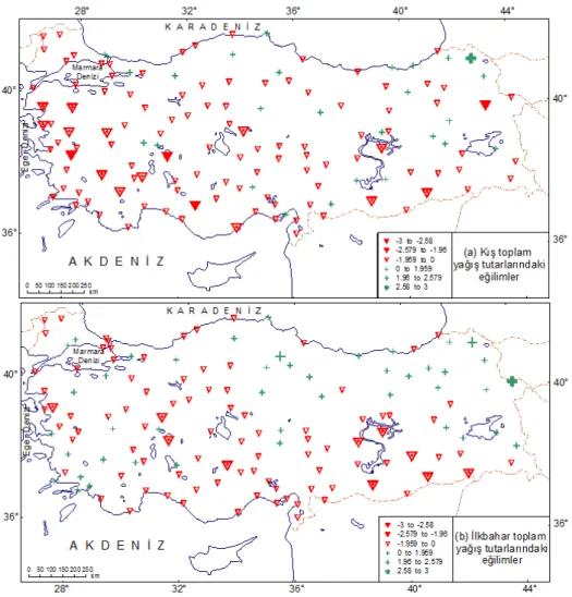 Şekil 8.1.M-K sıra ilişki katsayısı anlamlılık sınamasına göre, Türkiye kış (a) ve ilkbahar mevsimi toplam yağış tutarlarındaki  uzun süreli eğilimlerin alansal dağılış desenleri
