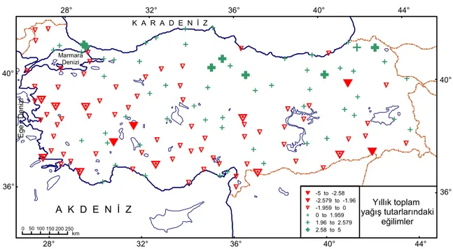 Şekil 9. M-K sıra ilişki katsayısı anlamlılık sınamasına göre, Türkiye yıllık toplam yağış tutarlarındaki uzun süreli eğilimlerin  alansal dağılış desenleri