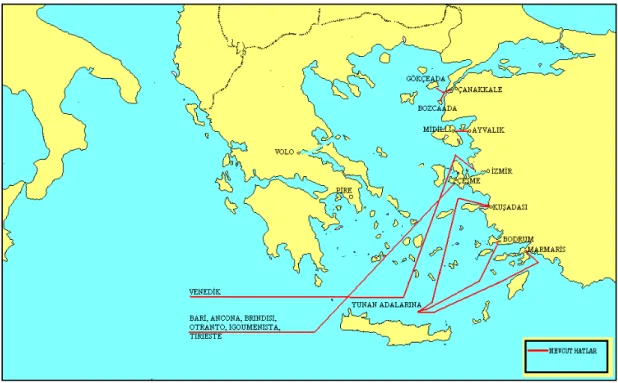 Şekil 3. Yoğun olarak kullanılan Ege Denizi gemi hatları (Anonim,  1997)
