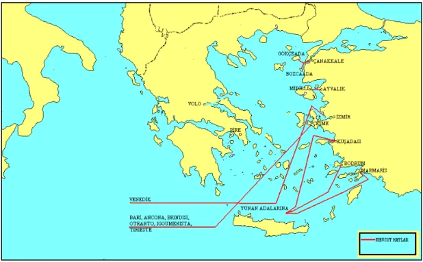 Şekil 3. Yoğun olarak kullanılan Ege Denizi gemi hatları (Anonim,  1997)