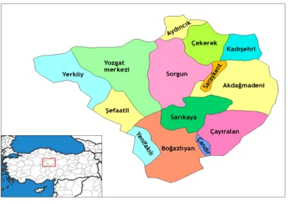 Şekil 2. Yozgat iline bağlı ilçeler. 