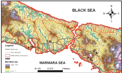Figure 4. Surface runoff features and D100 and E 80 motorway routes in Istanbul region