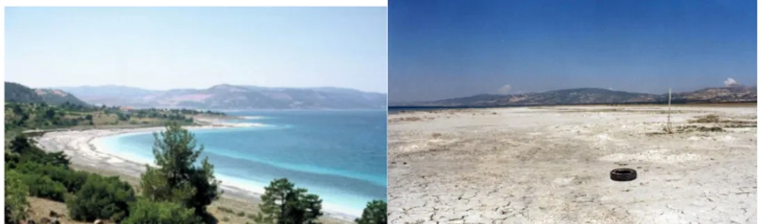 Foto  9.  Burdur  Gölü’ndeki  seviye  düşmesini  en  iyi  gösteren  fotoğraf.  Önde  görülen  raylar  Burdur’da  1990’lı  yıllarda  kurulmuş olan su sporları kayıkhanesine aittir